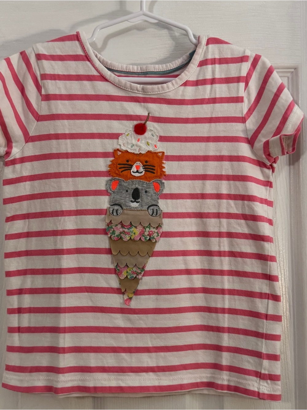 Mini Boden Girl Pink & White Striped Tee Multicolor Animal Ice Cream Appliqué